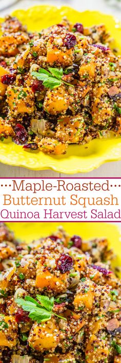 two plates filled with different types of food on top of each other and the words maple - roasted butternut squash quinoa harvest salad