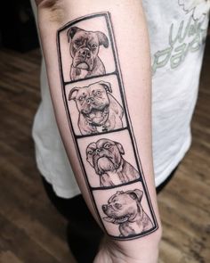 a man's arm with three pictures of dogs on it