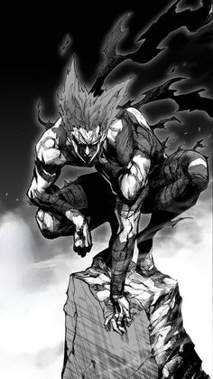 a black and white drawing of a demon standing on top of a rock in the sky