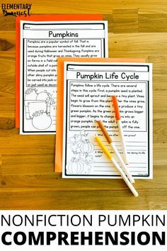 two pumpkin themed worksheets with the words, non - fiction pumpkin life cycle