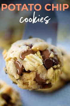 chocolate chip cookies on a cookie sheet with text overlay that says potato chip cookies