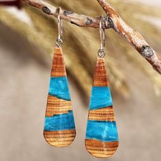 wooden earrings with blue and brown designs hang from a branch