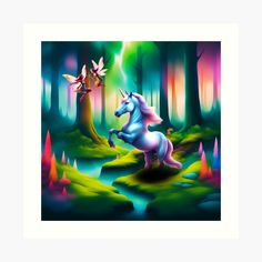 a painting of two unicorns in the woods