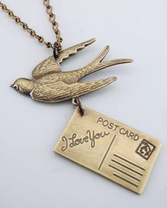 Vintage Necklace - Love Letter Necklace - Bird Necklace - Vintage Brass Necklace - handmade jewelry Handmade Bird-shaped Jewelry For Gifts, Handmade Bird-shaped Jewelry Gift, Handmade Bird-shaped Necklace For Gift, Emerald Green Earrings, Sweet Necklace, Vintage Jewelry Art, Bainbridge Island, Necklace Love, Insect Jewelry