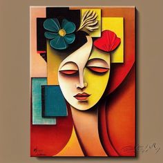 an abstract painting with a woman's face and flower in her hair, on a brown background