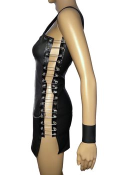 *This dress is made out of faux leather stretchy fabric. Hooked with jumbo safety pins on each side. All the chains are fully removable. Cuffs are included with the dress. *The mannequin is wearing a size SMALL *Please choose your size carefully in the options box. SIZE CHART: US SIZE XS = 0 SMALL = 2 to 4 MEDIUM = 6 to 8 LARGE =10 to 12 XLARGE =14 Safety Pin Shirt Ideas, Punk Mini Dress For Cosplay, Punk Style Mini Dress For Cosplay, Noels Lament, Safety Pin Clothes, Plastic Bag Dress, Safety Pin Shirt, Safety Pins Fashion, Safety Pin Dress