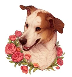 a brown and white dog with flowers around it's neck