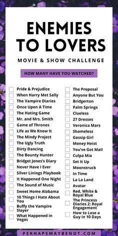 purple flowers with the words, enemies to lovers movie and show challenge on it