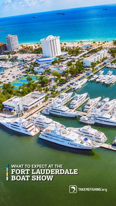 an aerial view of boats docked in the water at a boat show with caption that reads, what to expect at the boat show