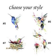 the hummingbirds are painted in different colors and sizes, with words above them that read choose your style