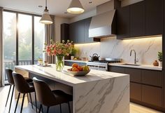 a modern kitchen with marble counter tops and dark wood cabinets, along with an island