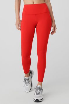 Red Compressive Elastane Leggings, Micro-elastic Red Leggings For Yoga, Red Bottoms With Stretch And Contoured Waistband, Red Stretch Bottoms With Contoured Waistband, Red Compressive Athleisure Pants, High Waist Tight Red Activewear, Red High Waist Tight Activewear, Red Compressive Full-length Bottoms, Red Workout Pants With Elastane