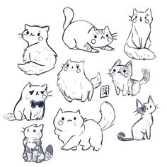 a bunch of cats that are drawn in ink on paper with some type of writing