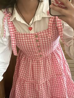 Beret Outfit Summer, Gingham Dress Aesthetic, Pink Beret Outfit, Pink Gingham Outfit Aesthetic, Matcha Outfit, Pink Cottagecore Summer Dress, Fitted Gingham Cottagecore Dress, Strawberry Skirt, Gingham Coquette