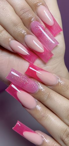 Tacky Nails Art Designs, Brats Inspired Nails, Pink Jelly French Tip Nails, Square Pink Nail Designs, Girly Acrylics, Ugly Nails Acrylic, Pink Nail Inspo Square, Nail Sets Ideas, 2000 Inspired Nails