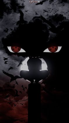 an evil looking poster with red eyes and black clouds in the background, as well as birds flying overhead