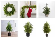 christmas decorations are arranged on the wall in different styles and colors, including pine branches