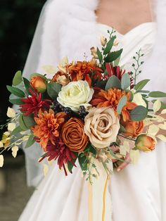 a bride holding a bouquet of flowers in her hands