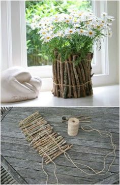 two pictures one is made out of sticks and the other has flowers in it