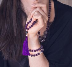 Introducing our VitaJuwel mala, a captivating piece of jewelry designed to be worn stylishly around your neck or looped effortlessly around your wrist, thanks to its extra-durable elastic string. Crafted with precision, the mala features a unique combination of 108 genuine gemstones, lava beads, and sterling silver, resulting in a precious showpiece with a magical aura. This exquisite mala, composed of amethyst, rose quartz, clear quartz, lava, and sterling silver, not only enhances your style b Lava Beads, Mala Necklace, Lava Bead, Crystal Shop, Spacer Beads, Clear Quartz, Rose Quartz, Aura, Amethyst