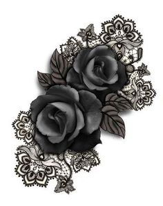 two black roses are sitting on top of each other, with leaves and flowers in the middle