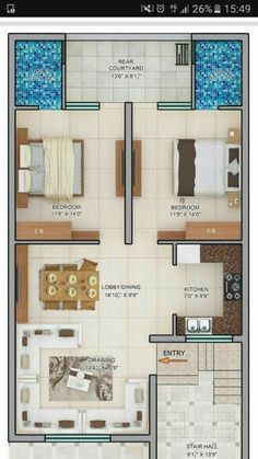 two bedroom apartment floor plan with kitchen and living room in the middle, one bedroom on each side