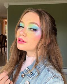 Simple Spring Eyeshadow Looks, Rainbow Freckles Makeup, Pride Themed Makeup, Pink Pride Makeup, Colorful Fairy Makeup, Earth Day Makeup Look, Carebear Makeup Look, Multicolor Eyeshadow Looks, Pride Inspired Makeup