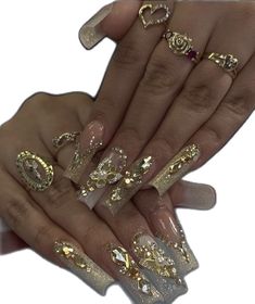 Ongles Bling Bling, Quinceanera Nails, Gold Acrylic Nails, Milky Nails, Gold Nail, Acrylic Nails Coffin Pink, Unique Acrylic Nails, Long Square Acrylic Nails, Bling Acrylic Nails