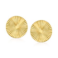 Ross-Simons - Italian 14kt Yellow Gold Starburst Circle Earrings. The best thing for your complexion is basking in a warm glow. With these radiant starburst circle earrings, you'll never leave the house under-illuminated again! Made in Italy in polished 14kt yellow gold. Post/clutch, 14kt yellow gold starburst circle earrings. Gold Circle Earrings, Gold Round Earrings, Large Stud Earrings, Gold Starburst, Starburst Earrings, Gemstone Drop Earrings, Knot Stud Earrings, Lotus Leaves, Cz Stud Earrings