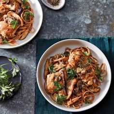 two plates of pasta with chicken and mushrooms