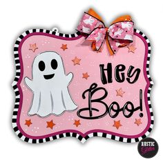 a pink sign with a ghost on it that says here is booy in black and white stripes