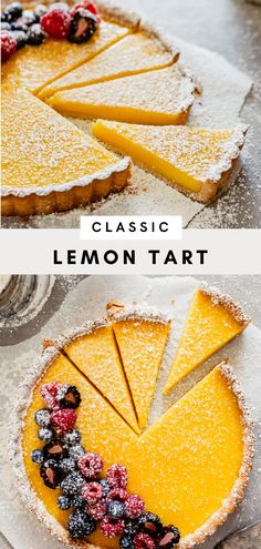 a lemon tart with berries and powdered sugar on top is cut into slices