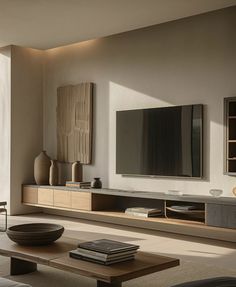 a living room filled with furniture and a flat screen tv on top of a wall