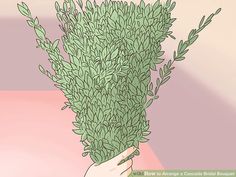 a bunch of green plants in someone's hand on a pink and beige background