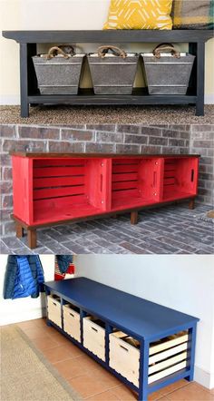 an old bench is painted red, white and blue to match the brick wall in this entryway