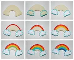 nine pictures of cookies with rainbows and clouds on them