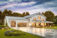 this is an artist's rendering of a modern farmhouse style home in the country