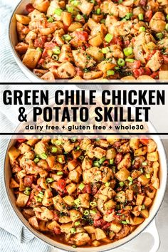 green chile chicken and potato skillet with text overlay