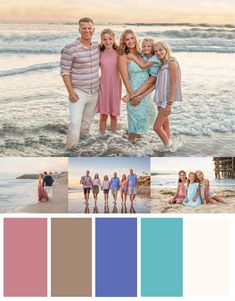 the family is posing on the beach with their colors