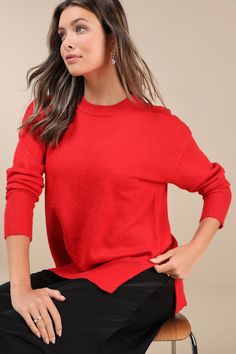 Keeping comfy this fall won't be a problem when you have the Lulus Autumn Allure Red Crew Neck Oversized Pullover Sweater in your closet! Soft and cozy knit shapes this classic pullover sweater that features a crew neckline, long sleeves with drop shoulders and fitted cuffs, and a slightly oversized bodice with side slits. Contrasting ribbed knit accents the neckline, cuffs, and hemline. Fit: This garment fits true to size. Length: Size medium measures 28" from shoulder to hem. Bust: Great for any cup size. Waist: Not Fitted - comfortable room throughout midsection. Undergarments: May be worn with any standard bra. Fabric: Fabric is very stretchy. Unlined. 95% Polyester, 5% Spandex. Hand Wash Cold. Do Not Bleach. Line Dry. Iron Low Heat. Imported. Lulus | Autumn Allure Red Crew Neck Oversi Red Crew Neck, Oversized Pullover Sweaters, Comfortable Room, Oversized Pullover, Cozy Knit, Cool Sweaters, Cozy Knits, Cup Size, Pullover Sweater