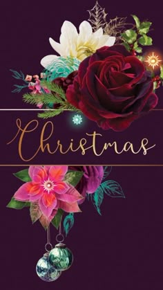 a christmas card with flowers and ornaments hanging from it's sides on a purple background