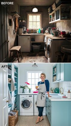 before and after photos of a kitchen with blue cabinets, white appliances and an older woman standing in front of the washer