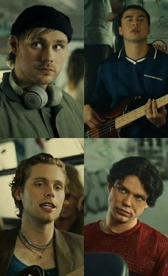 four pictures of young men with headphones and musical instruments in their hands, one is playing the bass