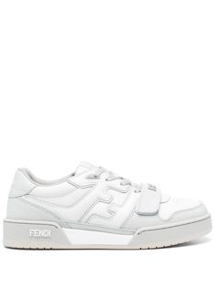 white/light grey calf leather panelled design FF logo patch embossed logo to the side logo-embossed strap logo patch at the tongue round toe front lace-up fastening front touch-strap fastening perforated toebox branded heel counter branded insole flat rubber sole Fendi Sneakers, Logo Shoes, Ff Logo, Versace Outfit, Iconic Bags, Sneakers Grey, Boots And Sneakers, Flat Boots, Ballet Flat Shoes