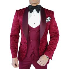 Burgundy Designer Fiore Fabric Woven In France Burgundy Satin Shawl Collar Single Button Closure Soft, natural shoulder construction Chest Barchetta Pocket Dual Vents Satin covered buttons Handmade in any size! Includes a Sebastian Cruz Couture Pocket Square of your choice! All of our jackets are made with 4" extra of fabric to ensure you don't have to send it back to us if it's too small or too big. You can tailor your jacket 2 sizes bigger and/or smaller if needed. We guarantee your satisfacti