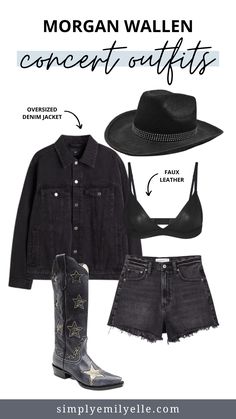 an image of a woman's outfit and hat with the words, morgan wallen concert