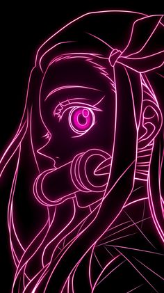 a woman's face with pink neon lights in the shape of her eyes and head