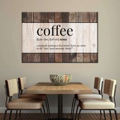 a dining room table with chairs and a coffee sign on the wall in front of it