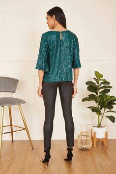 Perfect matched with skinny leather trousers, this all-over sequin detail Green top comes in a relaxed, flattering fit, with statement fluted sleeves and a peep hole back fastening. Plus Size Christmas Tops, Fluted Sleeves, Green Sequins, Puff Sleeve Dresses, Cold Weather Outfits, Tshirt Skirt, Leather Trousers, Green Top, Petite Tops