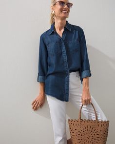 The Touch of Cool™ Fringe Denim Shirt has a classic cut with a lot of style. This timeless design features frayed edges and convertible length roll cuffs. Made with fabric that's designed to keep you comfy and cool, this blouse works well with your favorite dark wash jeans. Lightweight fabric designed to feel incredibly comfy and cool to the touch. Classic fit long sleeve collared button front shirt with chest pockets. Regular length: 28.5". 100% Tencel. Machine wash. Imported. Blouse Works, Birthday Rewards, Mark Price, Dresses Pants, Womens Designer Fashion, Sweaters And Jeans, Button Front Shirt, Pants Jeans, Dark Wash Jeans